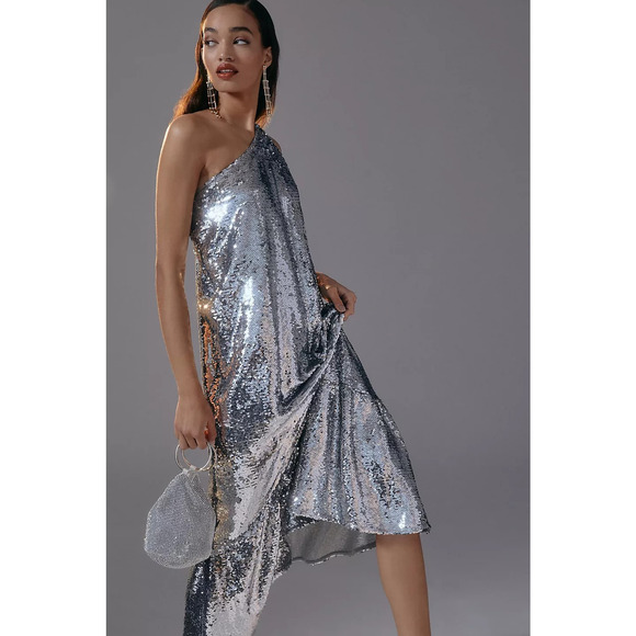 Anthropologie Dresses & Skirts - New Anthropologie Maeve One-Shoulder Sequin Dress $230 X-SMALL Silver
